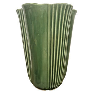 Vintage Shawnee Green Undulating Ribbed Art Pottery Vase Gloss Signed 1977 USA